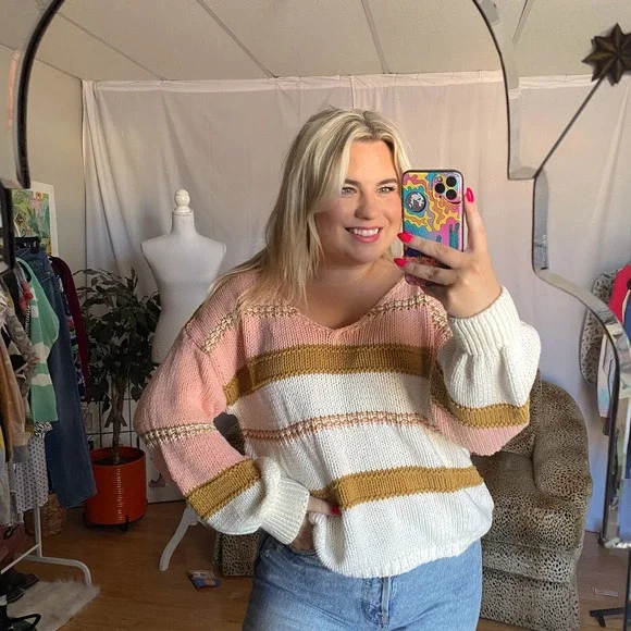 Stripe V-Neck Balloon Sleeve Pullover Sweater Size Mediujm - Picture 1 of 5